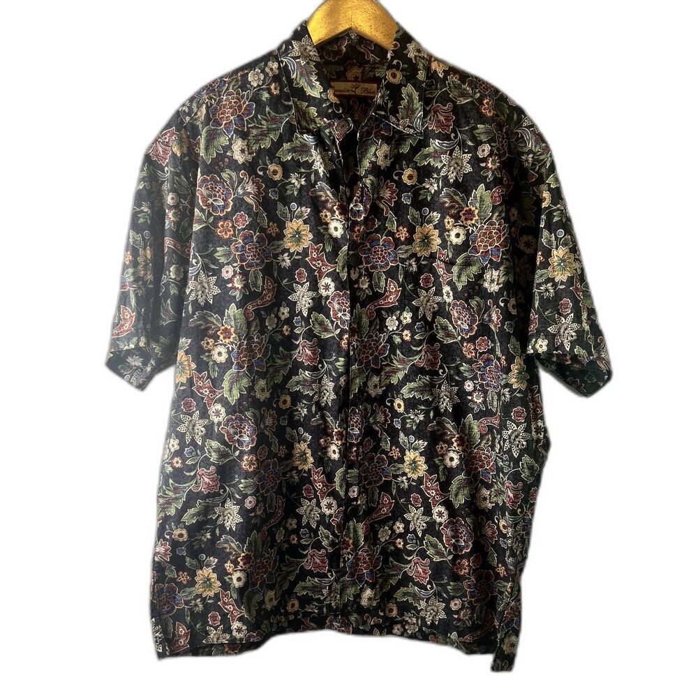 Paradise Blue Men's Floral Print Cotton Button Up Size Large